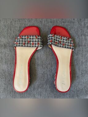 Betsey Johnson Red Tweed Slide Mules with Embellished Floral Accents